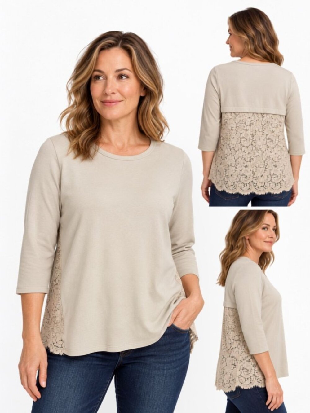 j jIll Womens Ponte Knit Lace Back Top Taupe 3/4 Sleeve Scoop Neck Size XL